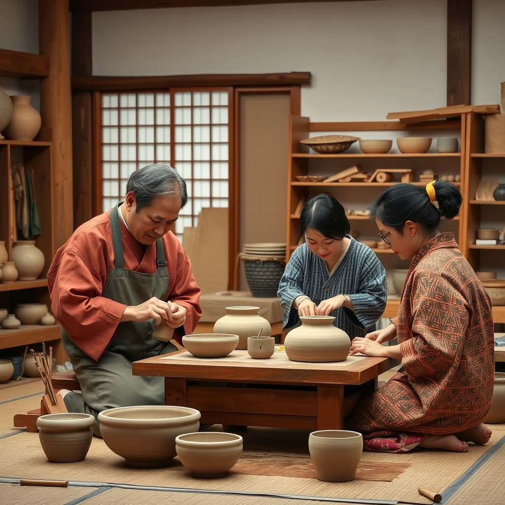 Traditional Japanese craft workshop scene showing an experienced artisan teaching students pottery making in an authentic studio setting with traditional tools and materials