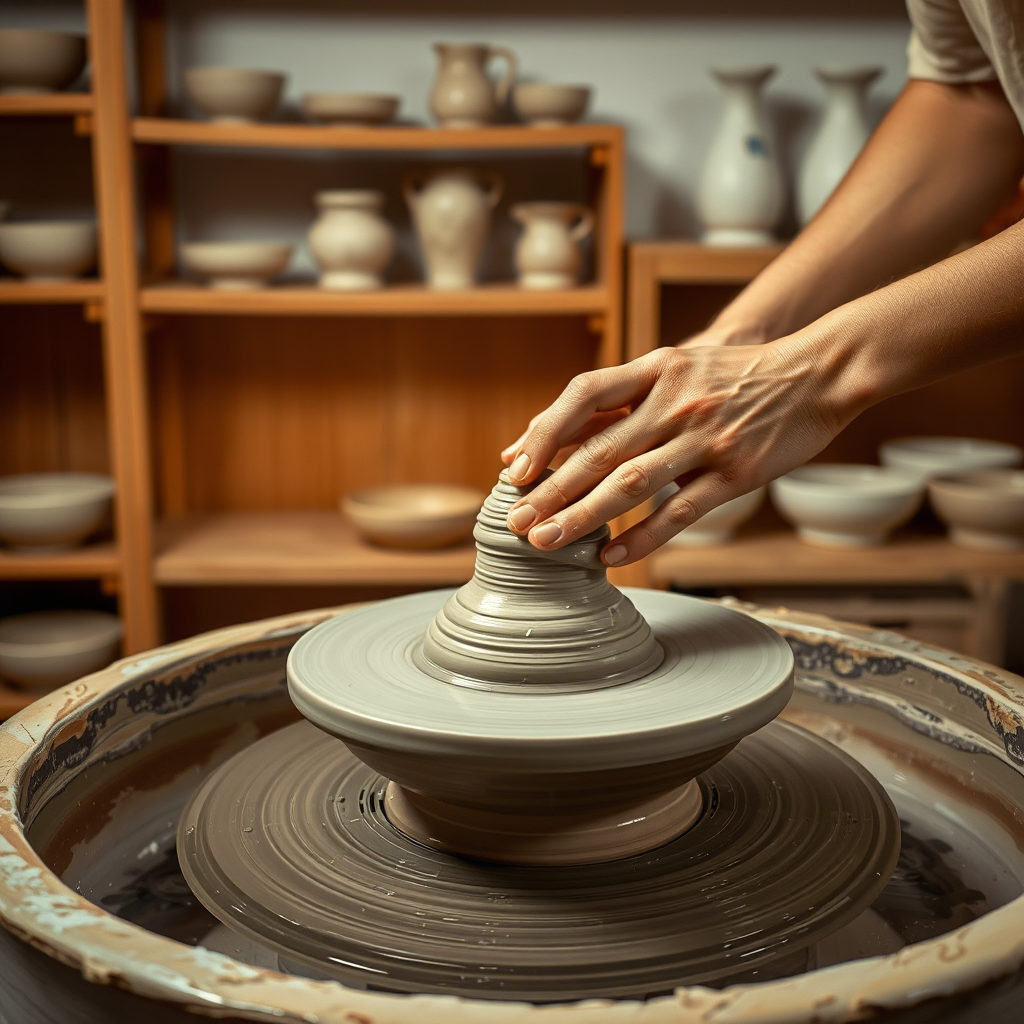 Traditional Japanese pottery wheel with clay being shaped by skilled hands, ceramic bowls and vases displayed on wooden shelves in background, warm studio lighting highlighting the texture of wet clay