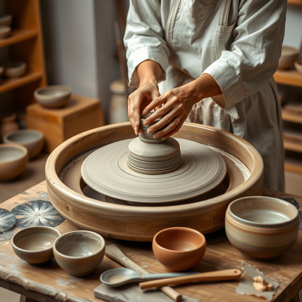 Traditional Japanese pottery wheel with clay being shaped by artisan hands, ceramic bowls and tools arranged on wooden table in pottery studio