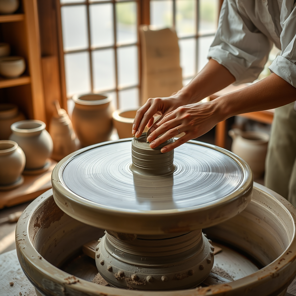 Traditional Japanese pottery wheel with clay being shaped by skilled hands in a serene workshop setting with natural lighting and ceramic tools arranged nearby