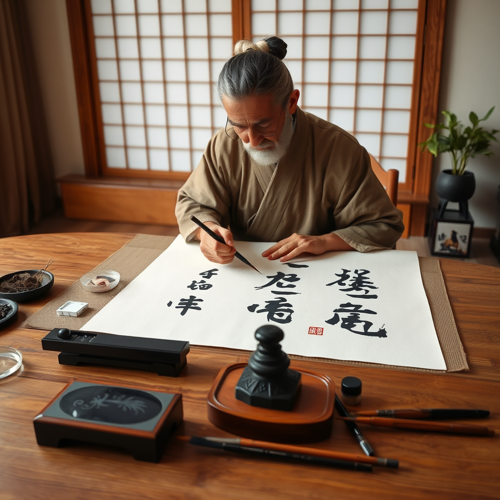 Japanese calligraphy master demonstrating traditional brush strokes on rice paper with ink stone, brushes, and calligraphy tools arranged on a wooden table in a serene studio setting