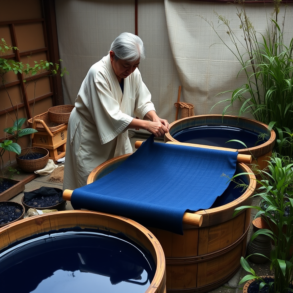 Traditional Japanese artisan demonstrating aizome indigo dyeing technique with deep blue fabric in wooden vats surrounded by indigo plants
