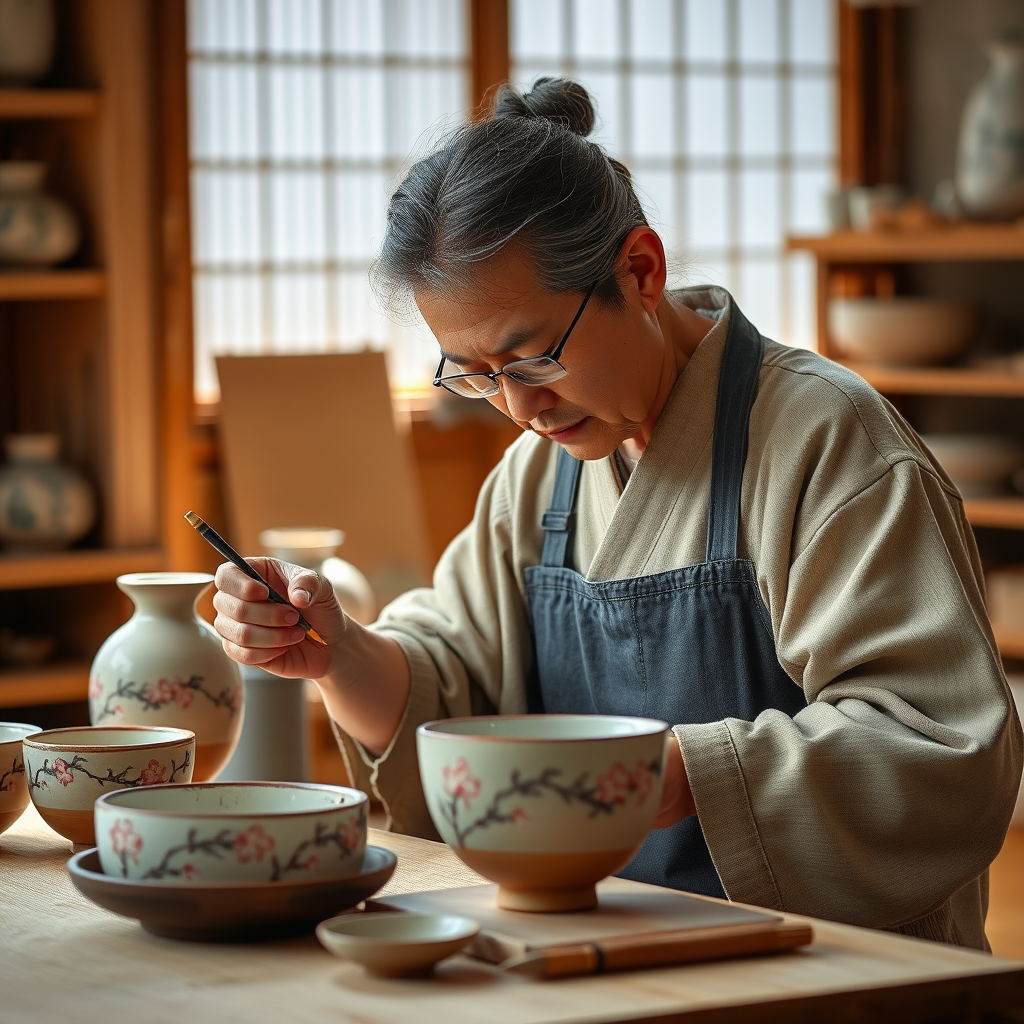 Japanese artisan carefully painting delicate cherry blossom patterns on ceramic pottery in a traditional workshop with natural lighting