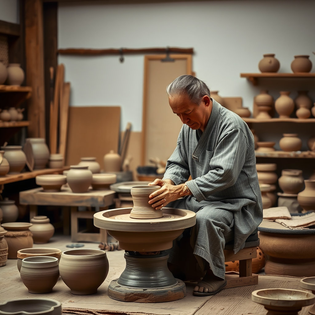 Traditional Japanese pottery master working at his wheel in a serene workshop filled with clay vessels and traditional tools