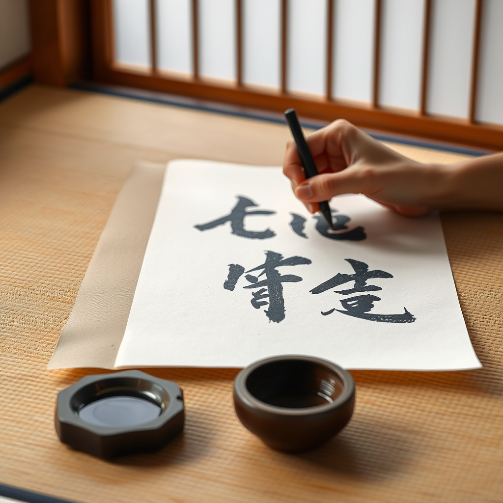 Japanese calligraphy brush painting elegant black characters on white rice paper, ink stone and water dish nearby, traditional tatami mat setting with soft natural lighting