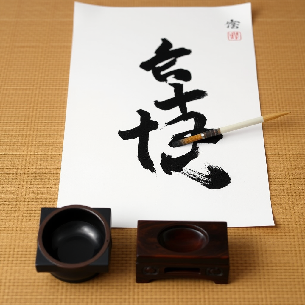 Japanese calligraphy brush creating elegant black ink strokes on white paper, traditional inkstone and water dish on tatami mat background