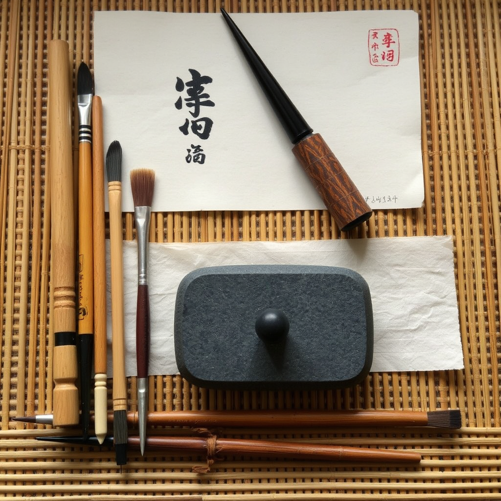Traditional Japanese calligraphy tools including various sized brushes, ink stone, water dropper, and handmade rice paper arranged aesthetically on bamboo mat