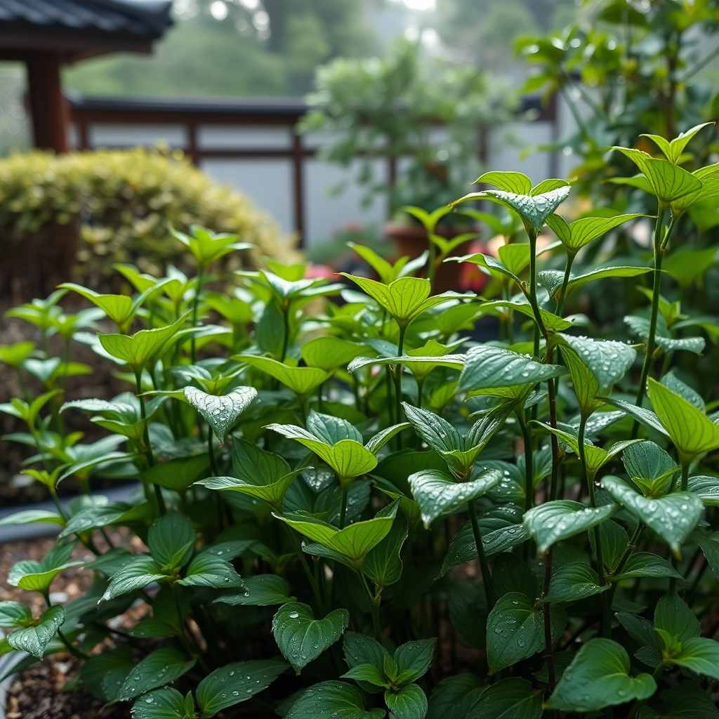 Lush green indigo plants growing in traditional Japanese garden with morning dew on leaves