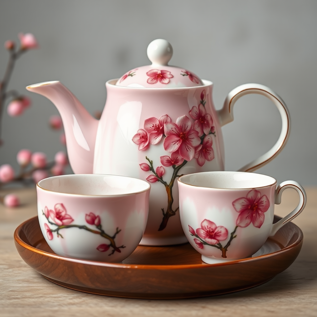 Elegant ceramic tea set featuring hand-painted cherry blossom designs with soft pink glazes and delicate petal patterns