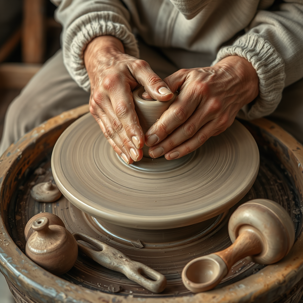 Close-up of weathered hands shaping clay on a traditional pottery wheel with various ceramic tools nearby