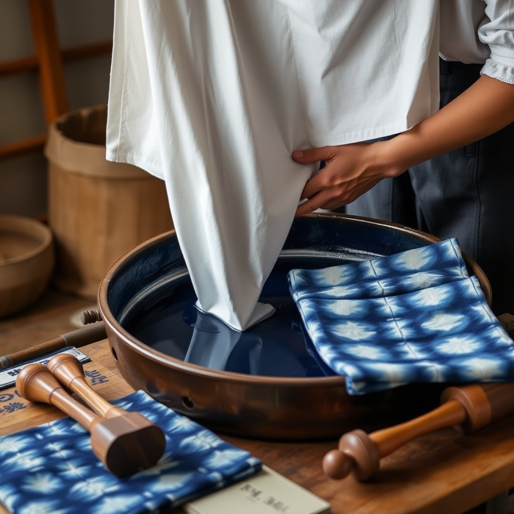 Deep blue indigo dye vat with white fabric being dipped, traditional wooden tools and folded shibori patterns on table, artisan hands working with natural indigo in traditional Japanese workshop