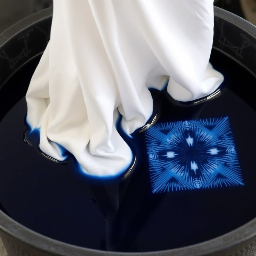 Deep blue indigo dye vat with white fabric being dipped, traditional Japanese aizome dyeing process with geometric folded patterns visible
