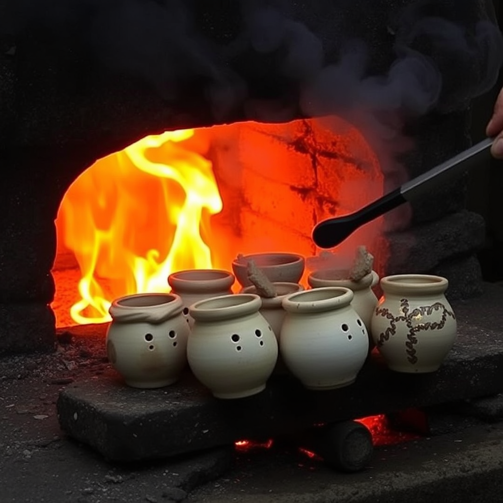 Raku firing process showing glowing kiln with ceramic pieces being removed with long tongs, creating dramatic flames and smoke effects