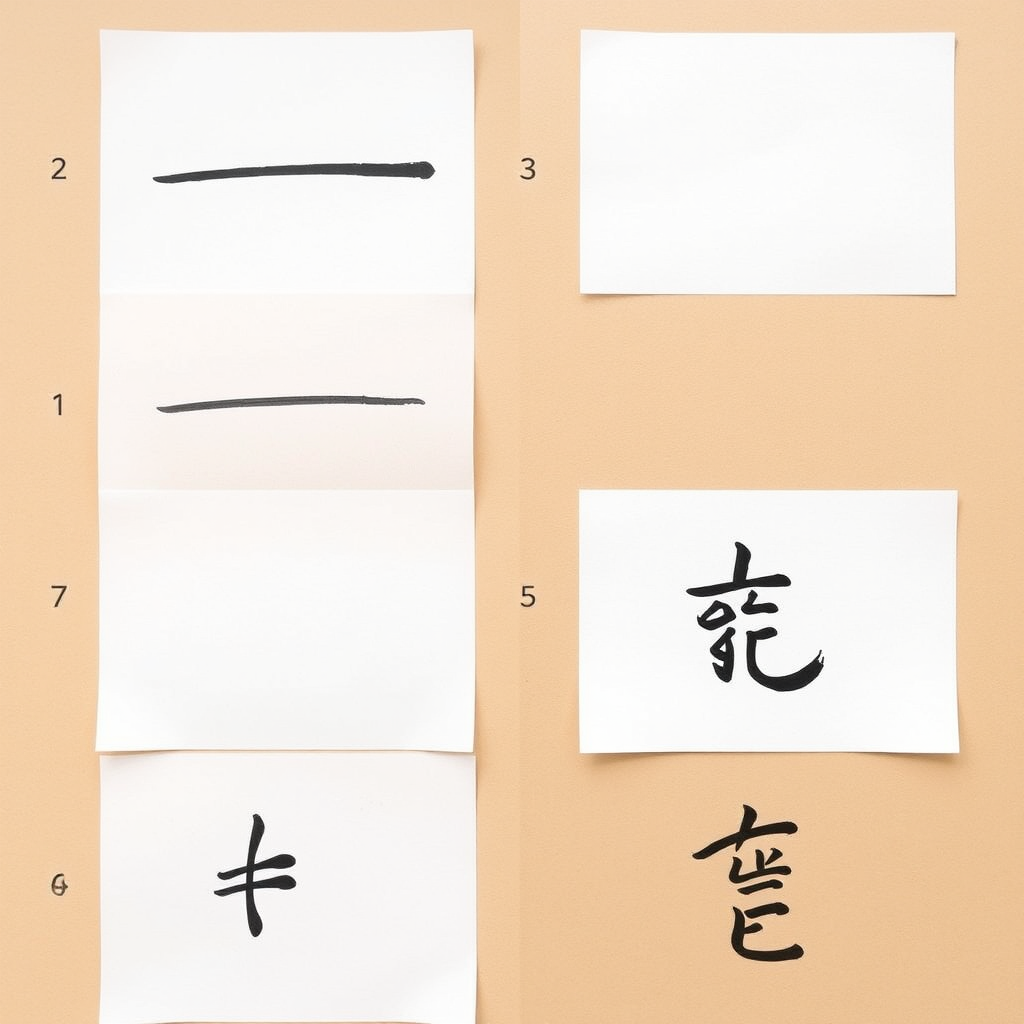 Step-by-step demonstration showing the progression of basic Japanese calligraphy strokes from simple horizontal and vertical lines to more complex curved movements on practice paper