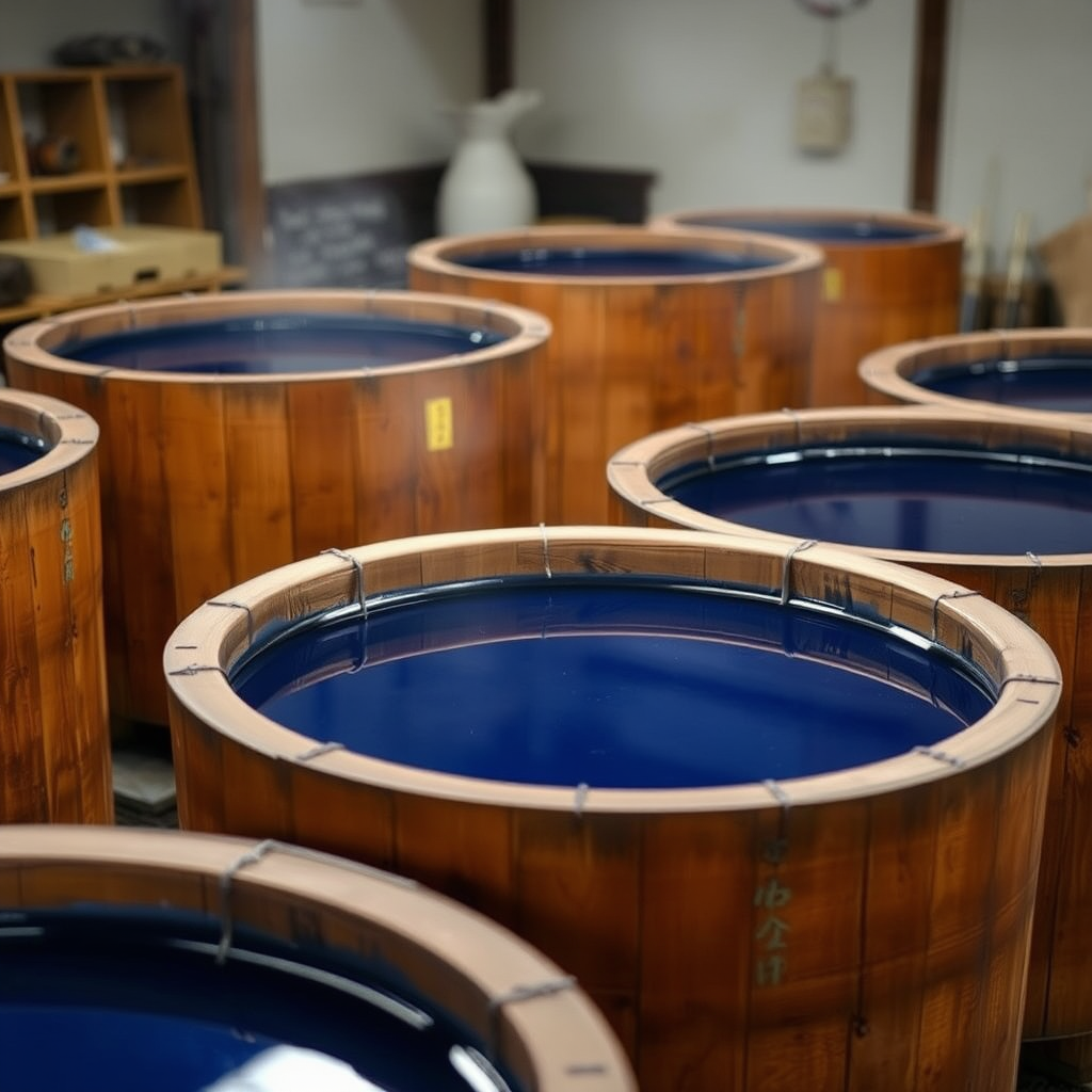 Traditional wooden indigo dye vats filled with deep blue liquid in Japanese workshop setting