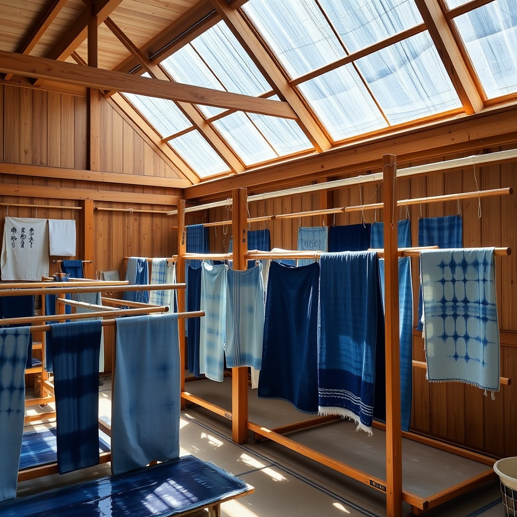 Traditional Japanese indigo dyeing workshop showing various blue-dyed textiles hanging on wooden racks to dry in natural sunlight