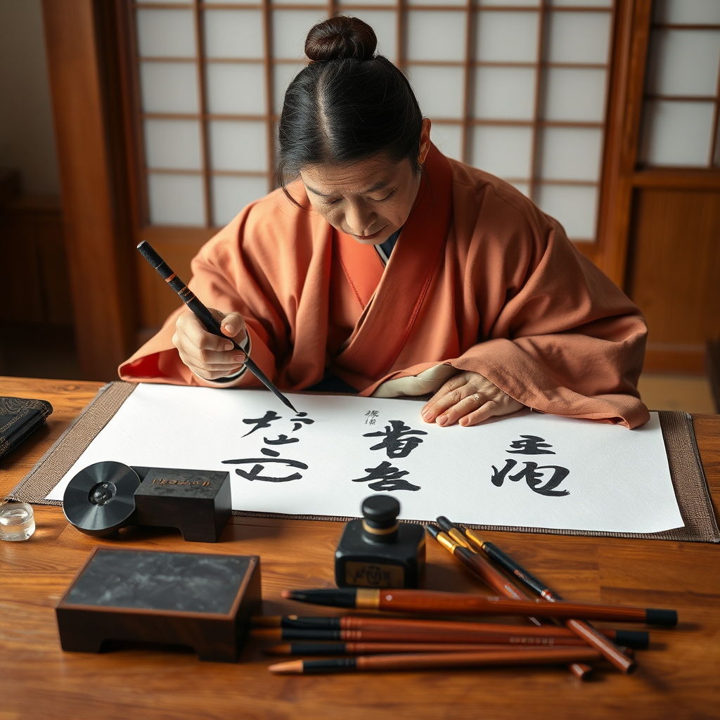 Elegant Japanese calligraphy master in traditional clothing demonstrating brush strokes on white paper with ink stone and brushes arranged on wooden table