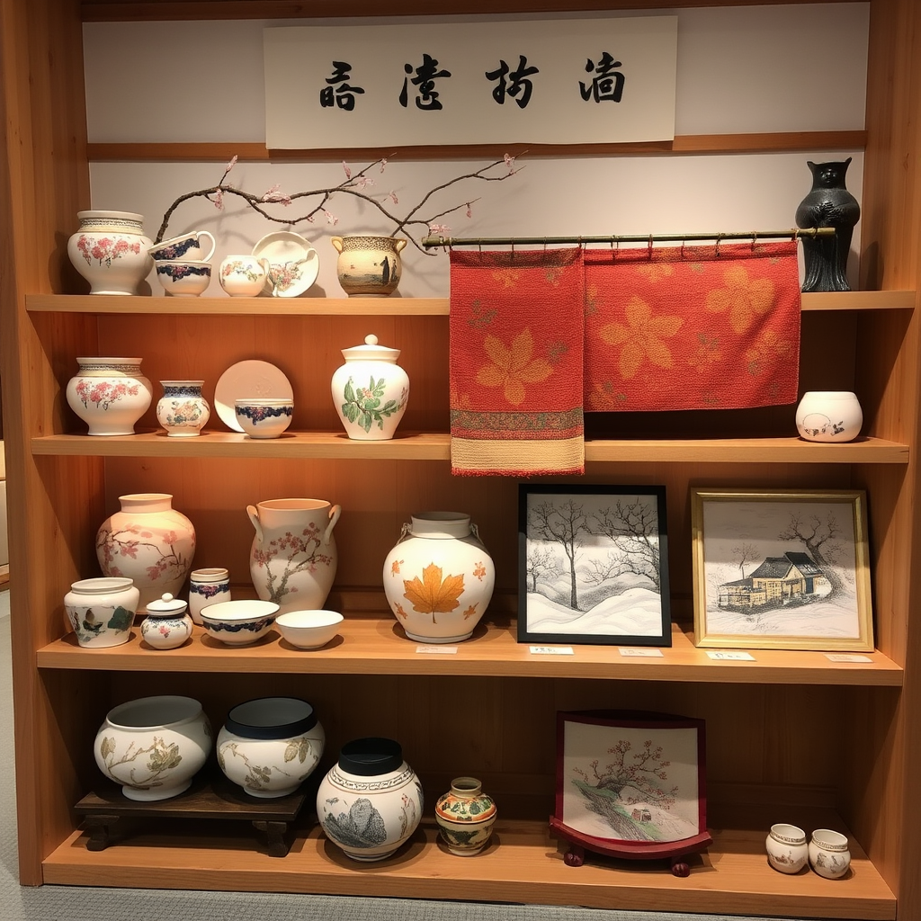 Seasonal Japanese crafts display showing cherry blossom ceramics, autumn leaf textiles, and winter-themed traditional artwork arranged on wooden shelves