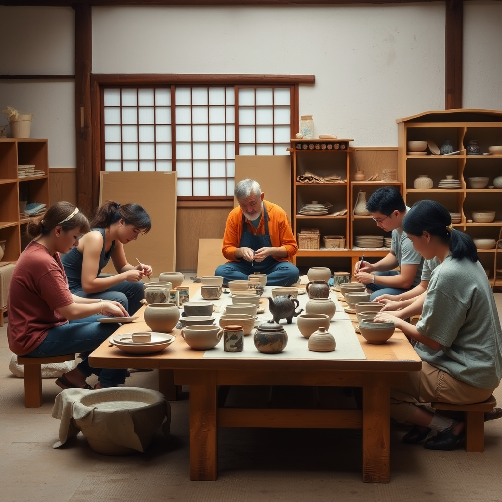 Beginner pottery workshop scene with students sitting around low tables learning hand-building techniques from a Japanese master potter in traditional workshop setting