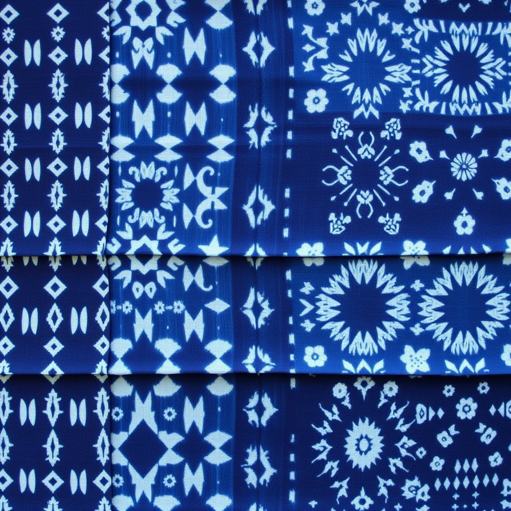 Beautiful shibori indigo-dyed fabric showing intricate geometric and organic patterns in various shades of blue