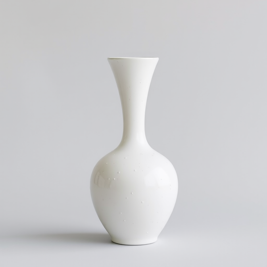 Elegant minimalist white ceramic vase with subtle textural details inspired by winter snow patterns