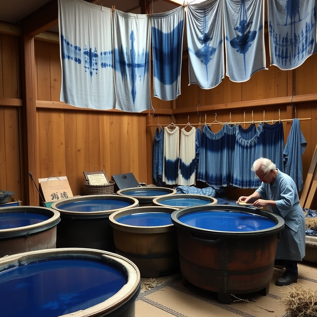 Traditional Japanese textile workshop with indigo dye vats, hanging blue-dyed fabrics, and an artisan working with natural fibers and traditional dyeing tools