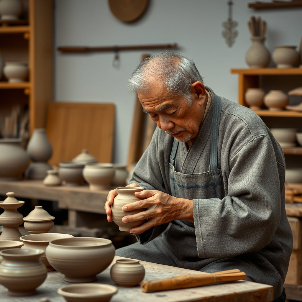 Elderly Japanese master craftsman working intently on traditional pottery in Tokyo workshop, surrounded by finished ceramic pieces and traditional tools