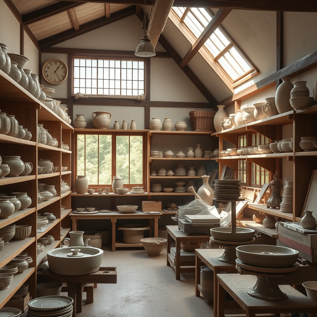 Traditional Japanese pottery studio interior showing shelves lined with finished ceramic pieces, pottery wheels, and natural lighting streaming through windows