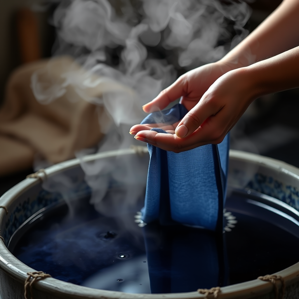 Peaceful scene of hands gently lifting indigo-dyed fabric from dye vat with steam rising, showing the meditative aspect of the craft