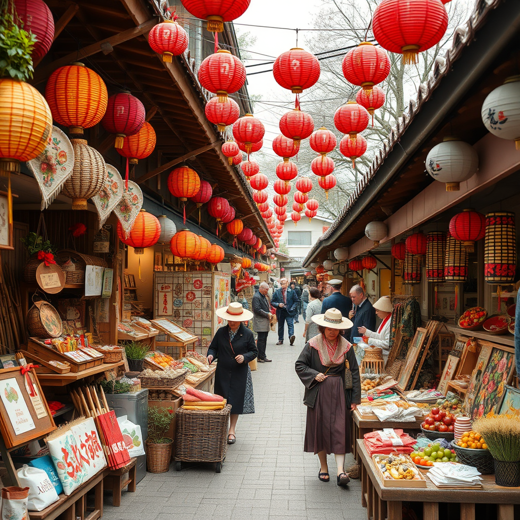 Vibrant Japanese seasonal festival scene with traditional handmade crafts, colorful decorations, and artisans displaying their seasonal works