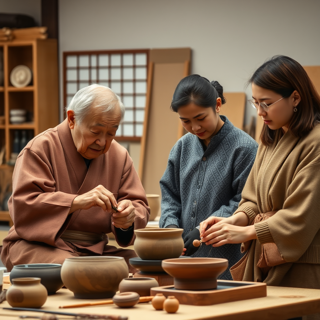 Multi-generational Japanese craft workshop showing elderly master teaching young apprentices traditional techniques with modern students observing and learning