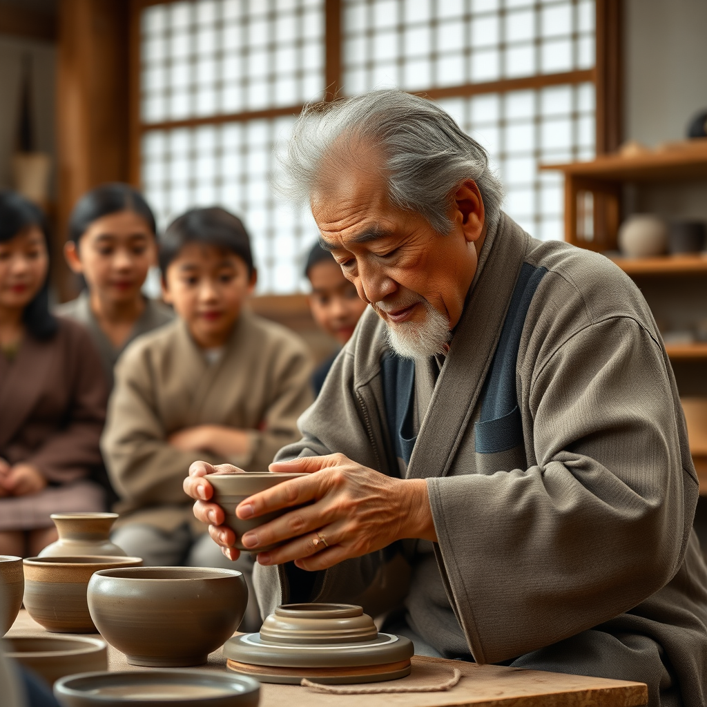 Wise elderly Japanese master craftsman with weathered hands demonstrating traditional seasonal pottery techniques to attentive students in a peaceful workshop setting