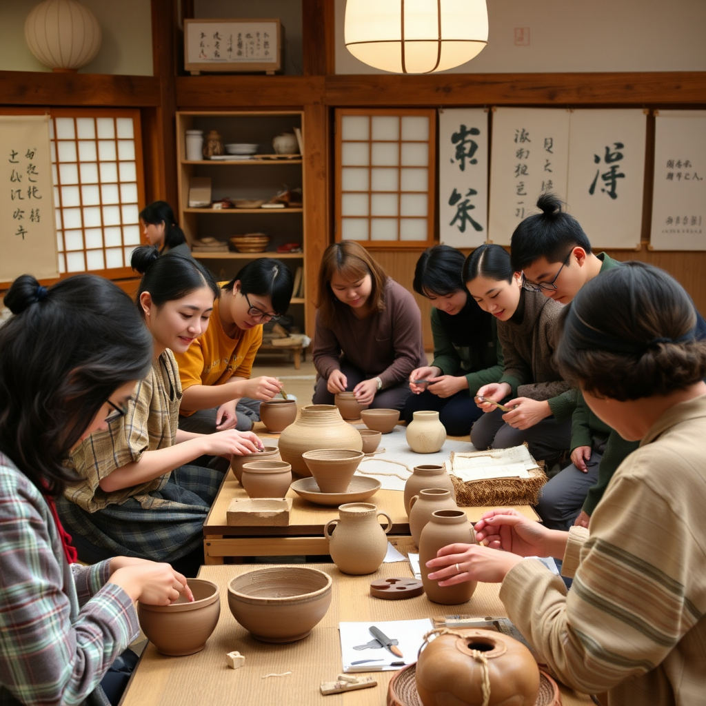 Diverse group of international students working alongside Japanese master craftspeople in a traditional workshop setting, creating pottery, practicing calligraphy, and learning textile arts